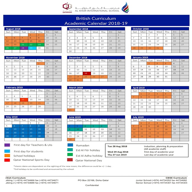 AKIS BC & CBSE Academic Calendars 20182019